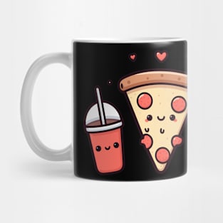 Kawaii Food Art with Pizza, Cola, Strawberry Milkshake, and Hearts | Cutesy Kawaii Mug